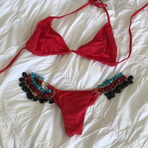 Red Skimpy Embellished Bikini Bottoms XS
